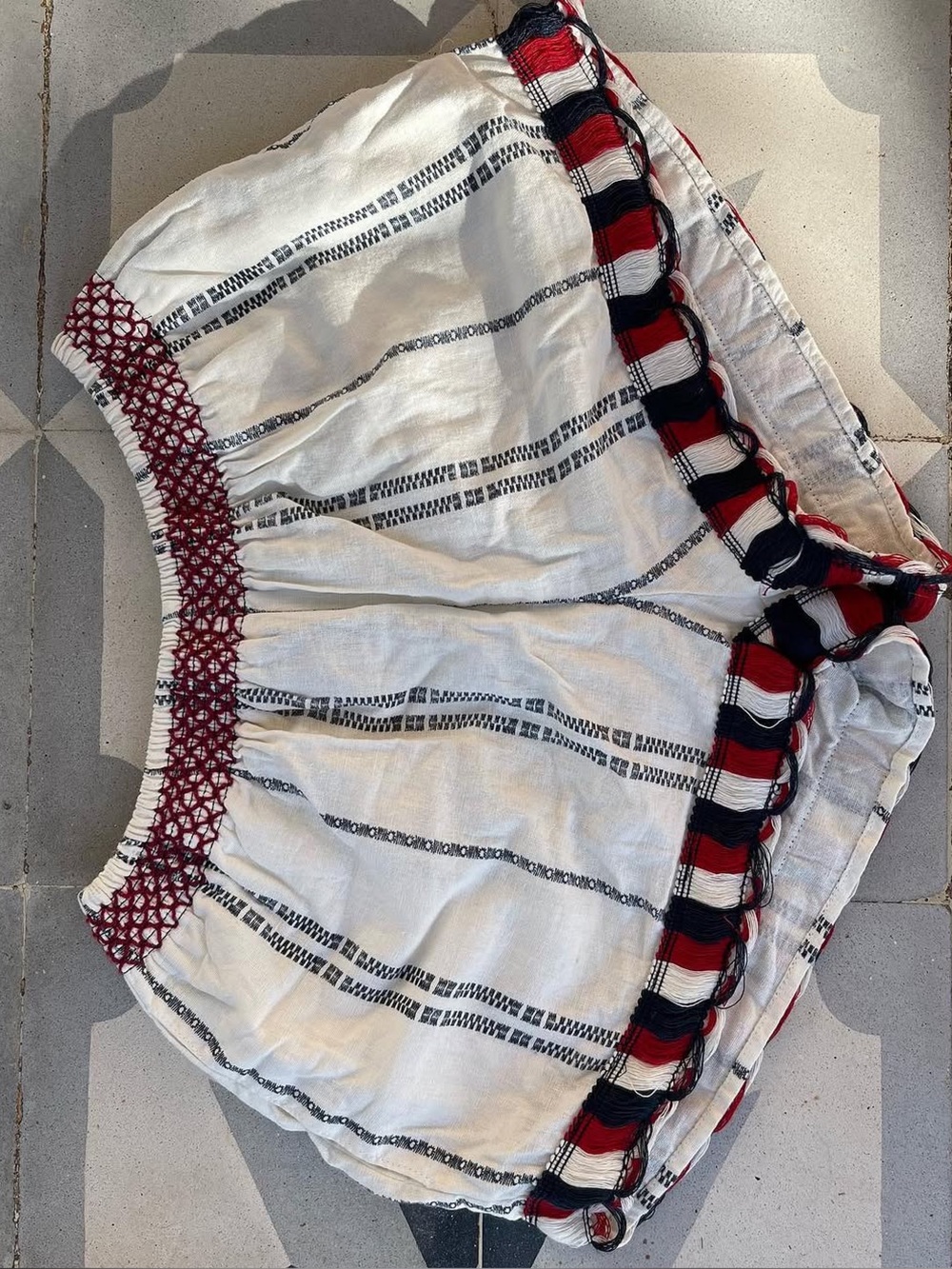 Indigo Blue White Boho Shorts with Red & Black Trim